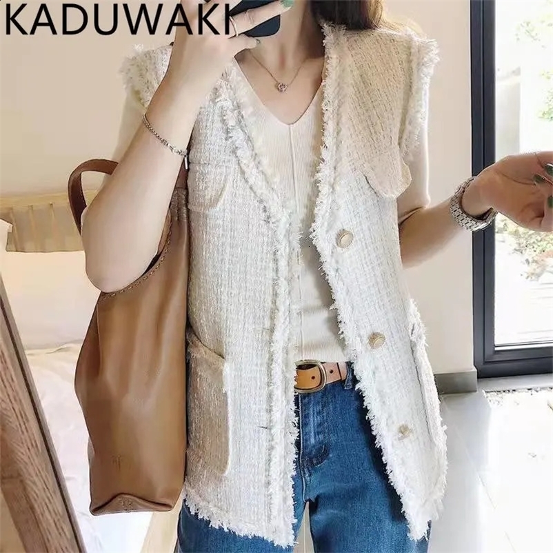 French Style Chic V Neck Tweed Vest Women Autumn Winter Vintage Elegant Waistcoat Loose Casual Office Lady Jacket Tops 240823