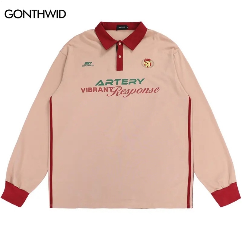 Men Vintage Polo Shirts Y2K Graphic Printed Racing Sports Long Sleeve T-Shirt Streetwear Hip Hop Patchwork Baggy Oversize Tshirt 240821