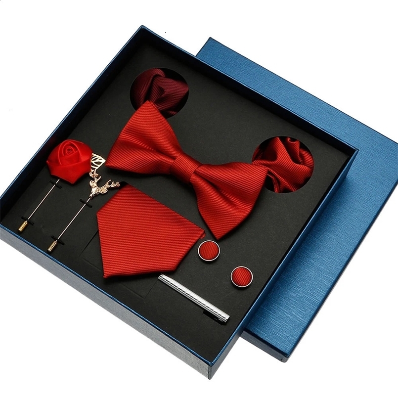 8pcs Mens Ties Set In Gift Box Silk Neck Tie With Festive Wedding Bowtie Pocket Squares Cufflinks Clip Brooches Suit 241230