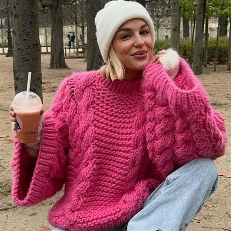 Oversize Twist Sweater Women Chic Turtleneck Long Lantern Sleeve Knitted Street Pullover Holiday Casual Lady Jumper Top Knitwear 250121
