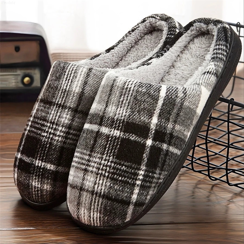 Plaid Men Slippers For Home Memory Foam Soft Non-slip Warm Plush House Shoes Mens Bedroom Slippers Winter Big Size 241126