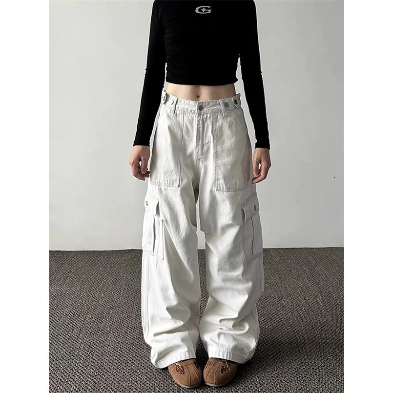 Women Japanese Fashion Baggy American Vintage Cargo Jeans Harajuku Low Rise Y2K Denim Pants 2000s Trousers Grunge Cyber Punk 250418