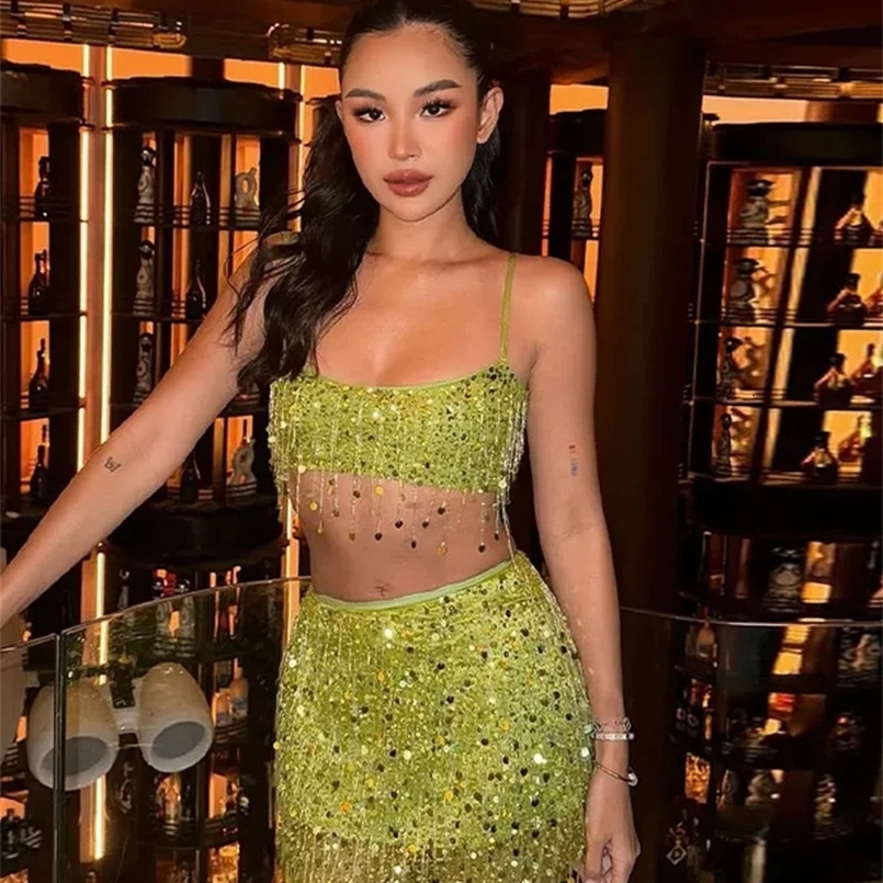 Sexy Tassel Chains Womens Skirt Elegant Solid Sequins Hip Package Female Party Mini Skirts Summer Lady Outfit Beachwear 250401