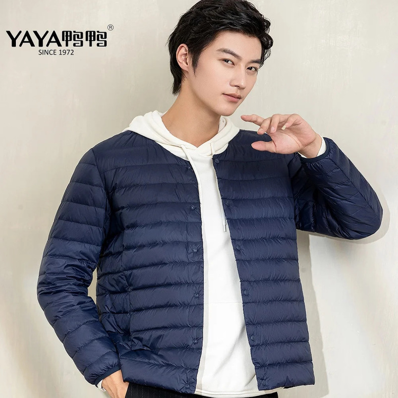 Yaya Arrives High Quality 90% White Duck Down Jacket Mens Thin Down Jacket V-neck Round Neck Switchable 241030