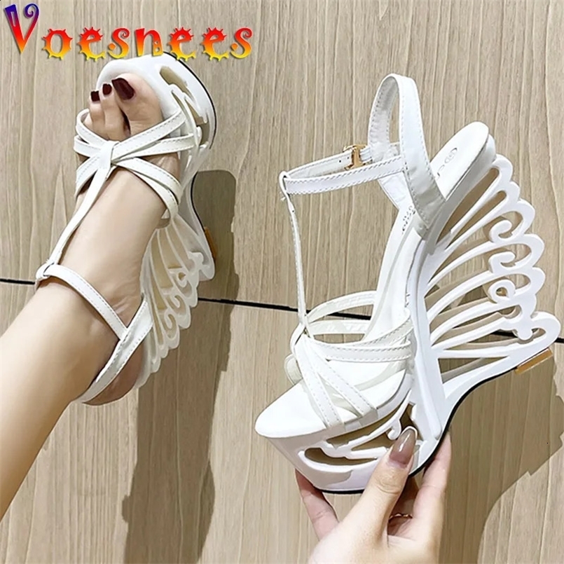 Super High Heel Sexy Hollow Out Wedge Sandals Fashion Thin Band Summer Women Pumps Plus Size 14.5CM Model Show Shoe 250122