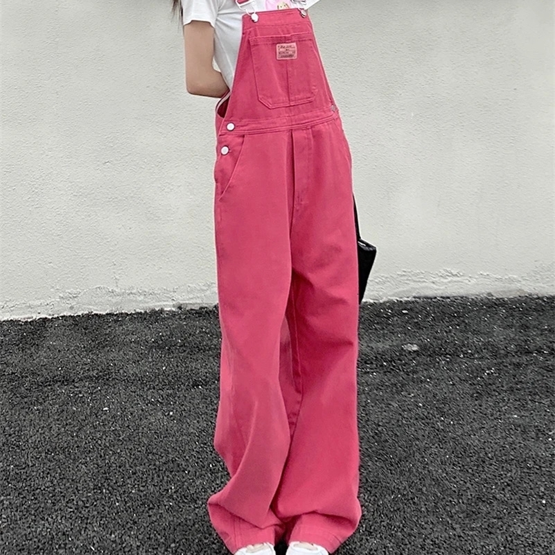SM jeans womens Summer Preppy Style loose Pink wide leg trousers jumpsuit korean casual denim overalls womens 78891 240813