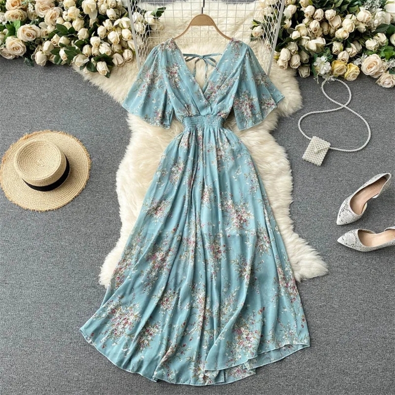 SINGREINY Women Chiffon Floral Long Dress Korean V Neck Short Sleeve Ruched A-line Dresses Summer Bohemian Print Beach Dress 250514