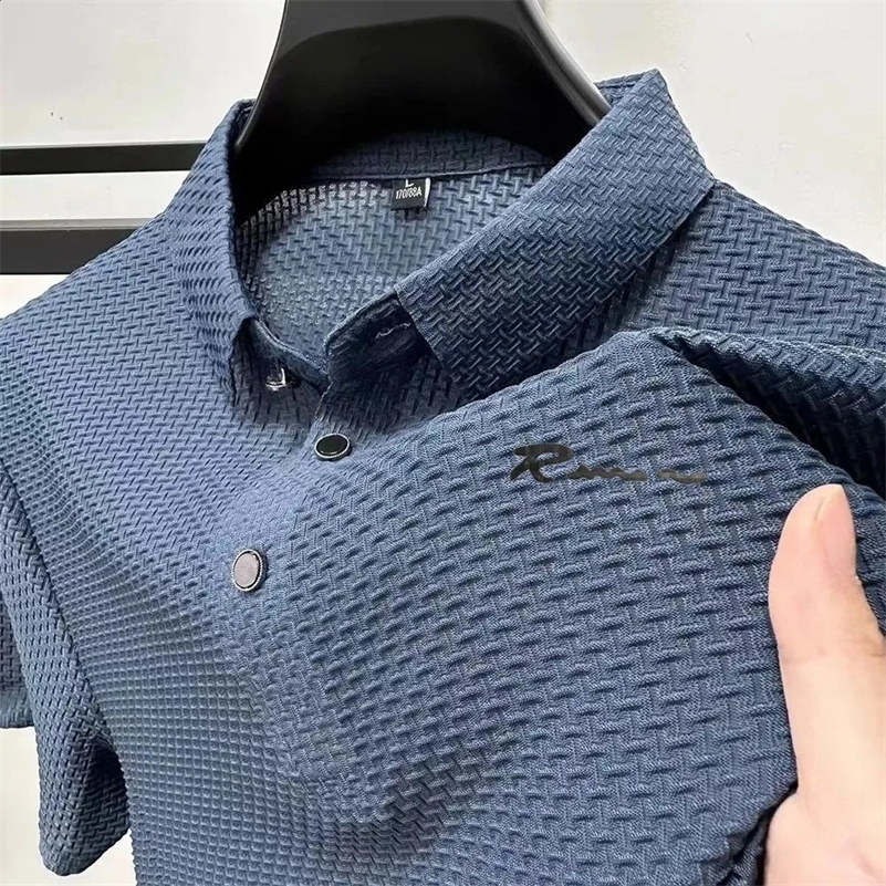 Letter Print Ice Silk Short Sleeved Men Polo Shirts Summer Hollow Out Elastic Breathable T-shirt Fashion Lapel Casual 250116