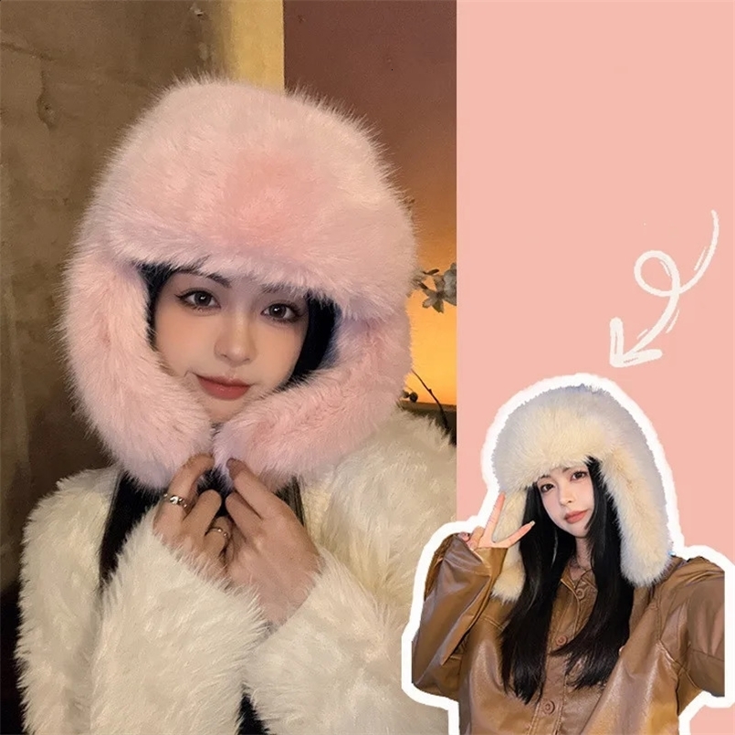Women Solid Color Thicken Plush Cap for Winter Korean Cute Earflaps Thermal Lei Feng Hat Pullover All-matching Keep Warm Hat 240715