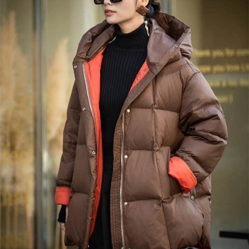 Lagabogy 2024 Winter Women Puffer Jacket Casual Loose Over Size Warm Outwear Female 90% White Duck Down Coat Hooded Outwear 241223bj
