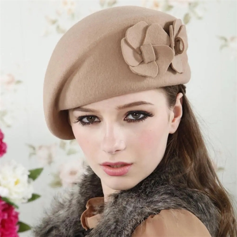 2023 Wool Felt Beret Hat Dual Flowers Vintage French Plaid Top Painter Women Winter Thermal Artist Cap Casual 240603bj
