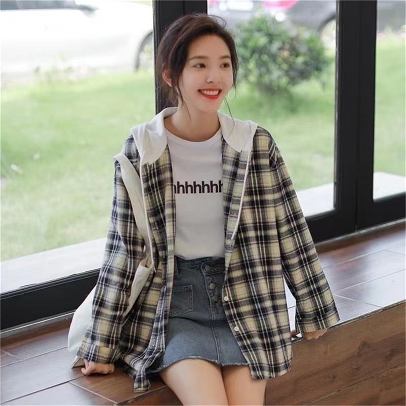 autumn college style loose and versatile long sleeved shirt small fresh top hooded checkered shirt jacket for women 240914