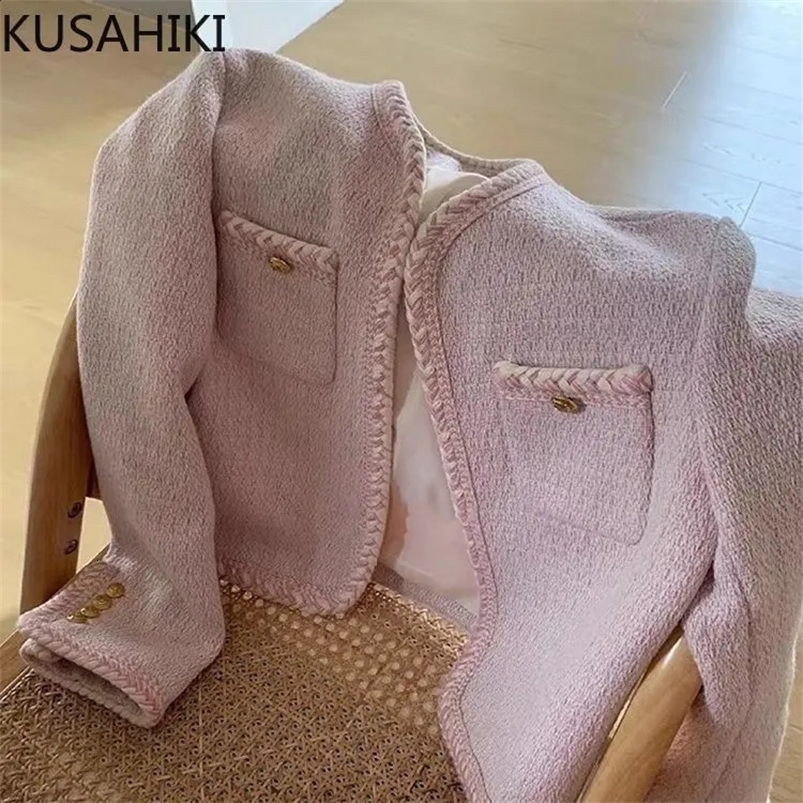 KUSAHIKI Pink Elegant Weave Tweed Coat Autumn Womens Fashion Sweet Korean Style Short Top Cardigan Jackets 240821