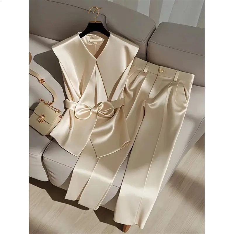 Fashion Satin Celebrity Outfits Elegant OL Peter Pan Collar Bow Sleeveless Vest High Waist Wide Leg Pants Two Piece Set 376P 250519
