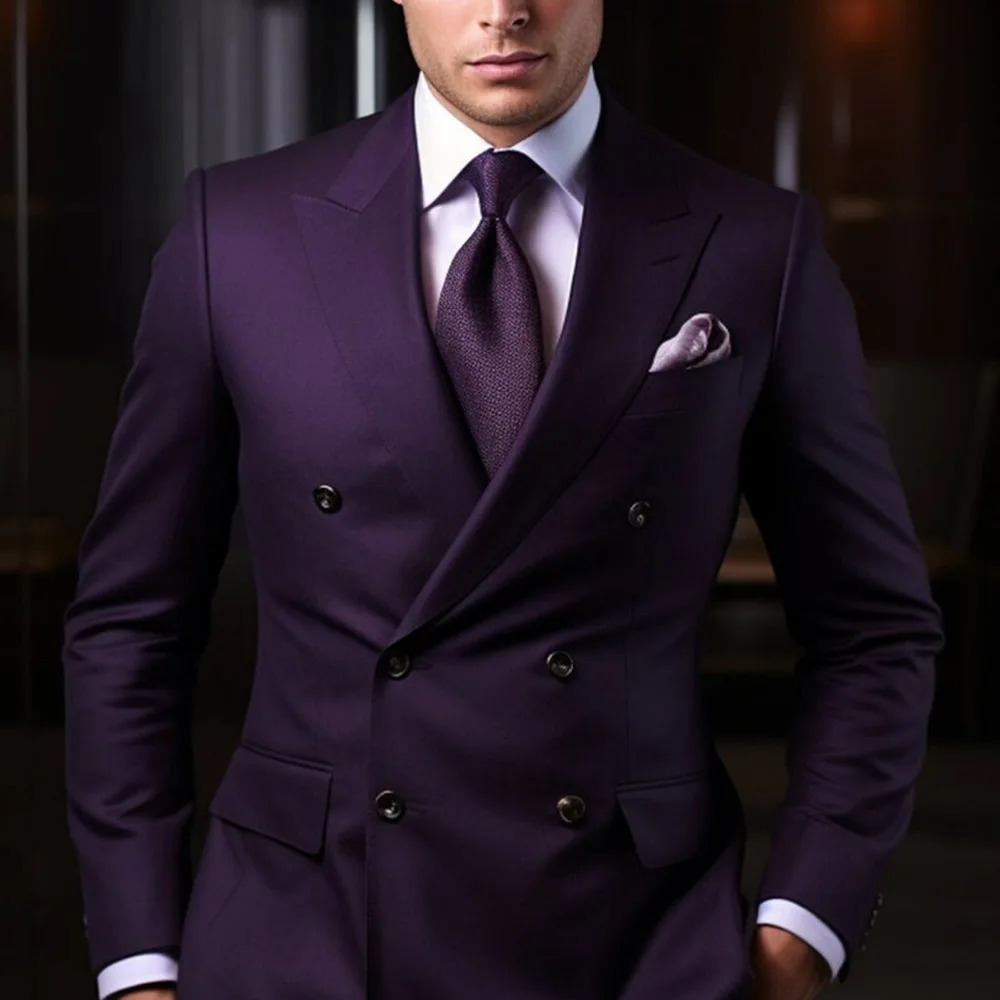 Costumes violets profonds pour hommes revers doubles revers de haute qualité 2 pièces pantalon de veste formelle Blazer de mariage Terno 250811