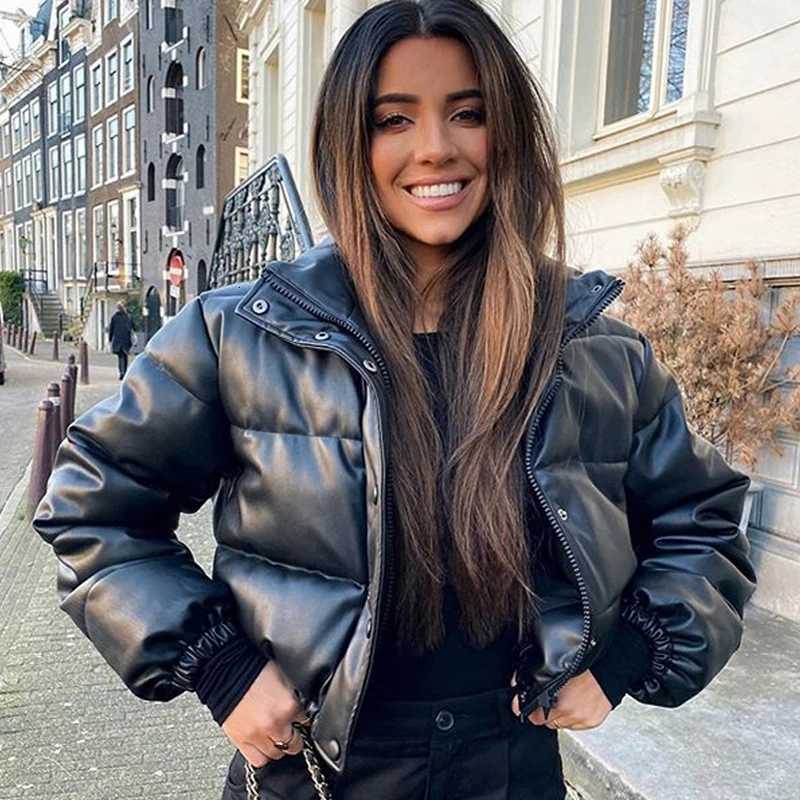 Winter Thick Warm Cropped Puffer Jacket Women Black PU Leather Parkas Elegant Zipper Coat Cotton Padded Punk Outwear 2023 Z250923