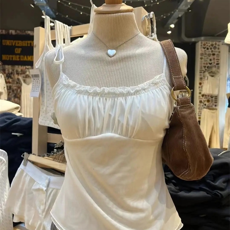 Vintage Lace-up Folds Mesh Tank Tops Women Summer White Sexy Sleeveless Slim Camisole Vests Summer Solid Sweet Crop Top Y2k250222bj