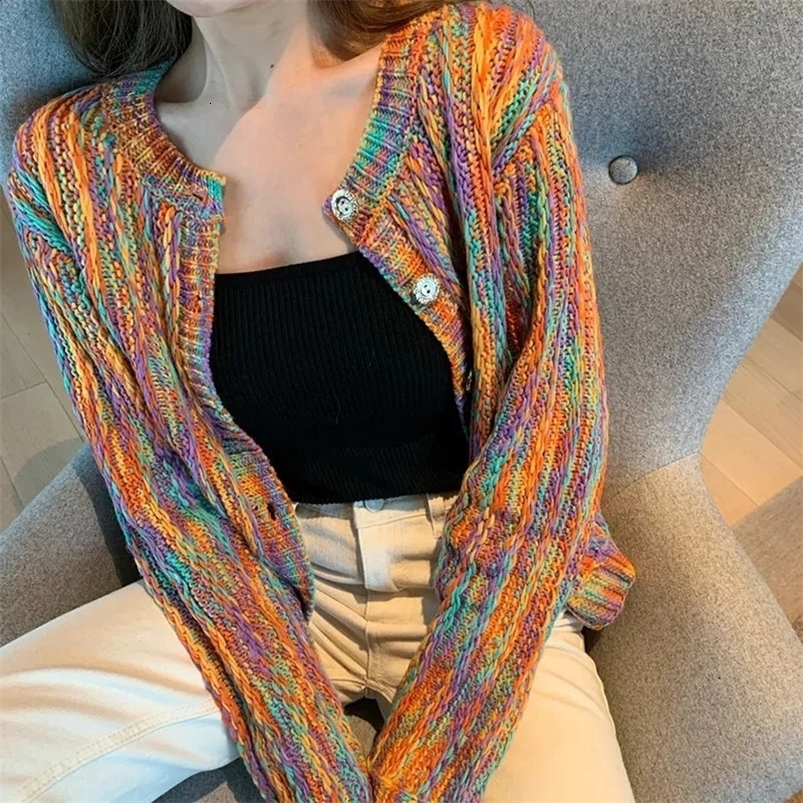 Fashion Rainbow Contrast Knitted Cardigan Sweater Womens Jacket Spring Autumn Short Shawl Coat Tops Female Knitwear 240815