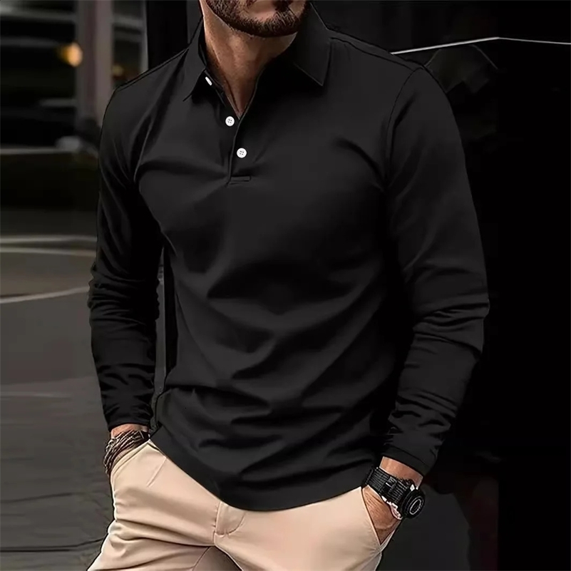2024 Autumn Mens Polo Shirts Turn-Down Collar Solid Long Sleeve Smart Casual Polos Man Fashion Breathable Loose Tees Tops Men 241227