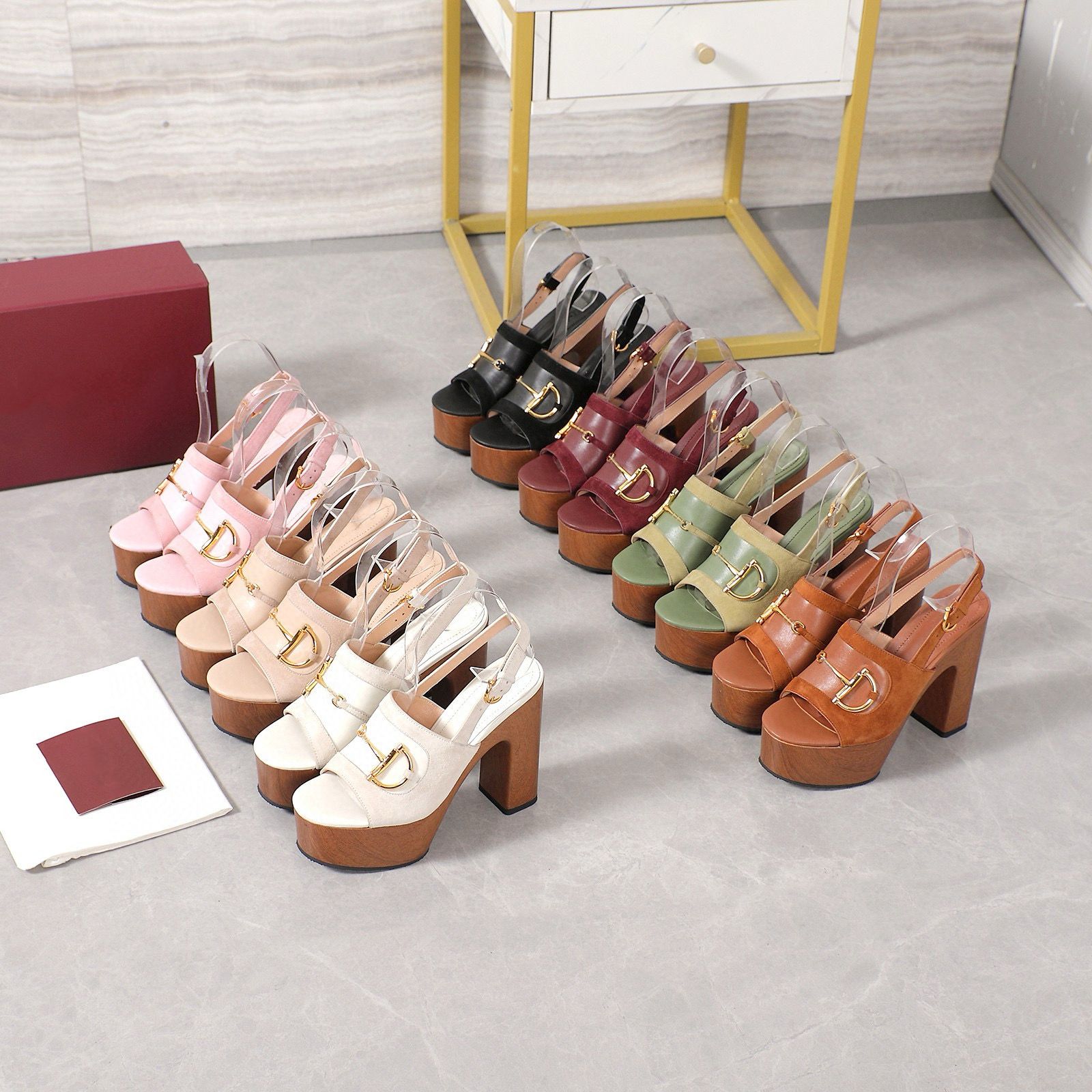 designer shoes Women Chunky Suede leather Platform Heel Wood sandals Fashion Fish Mouth Sandals Womens Heels Size 35-42