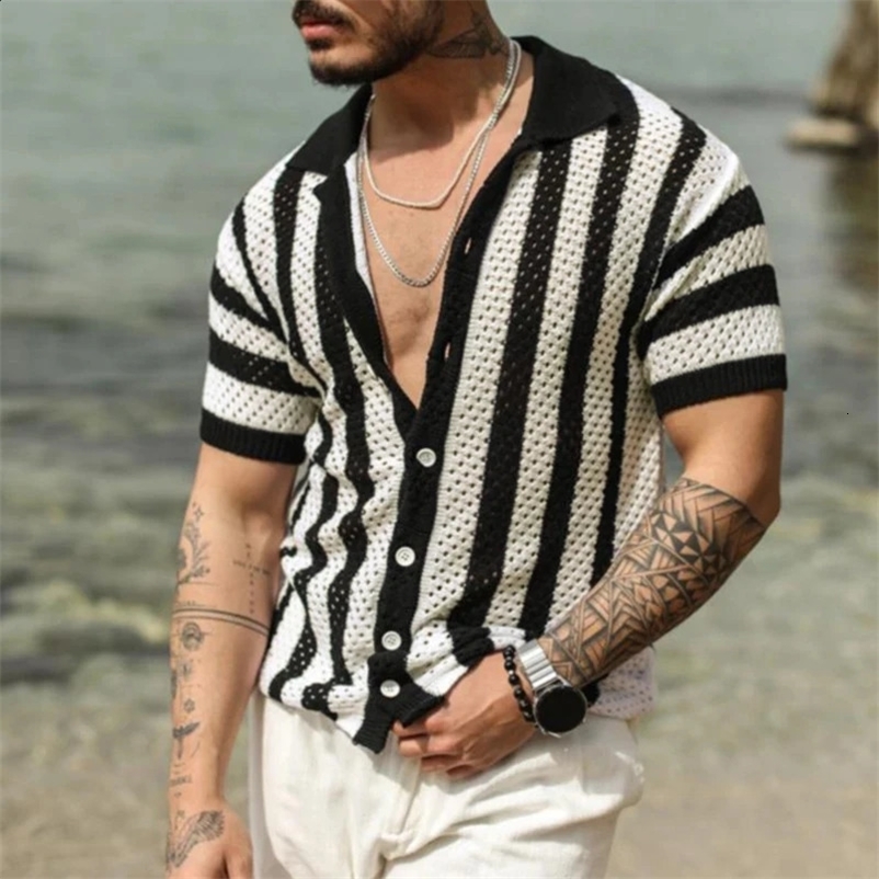 Knitted shirt mens fashionable hollow breathable beach open top shirt short sleeved mens summer button up lapel casual knitted shirt 250425