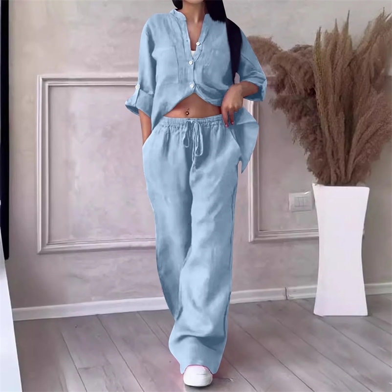 Womens pants set casual cotton linen solid color shirt and drawstring wide leg pants set 240830bj