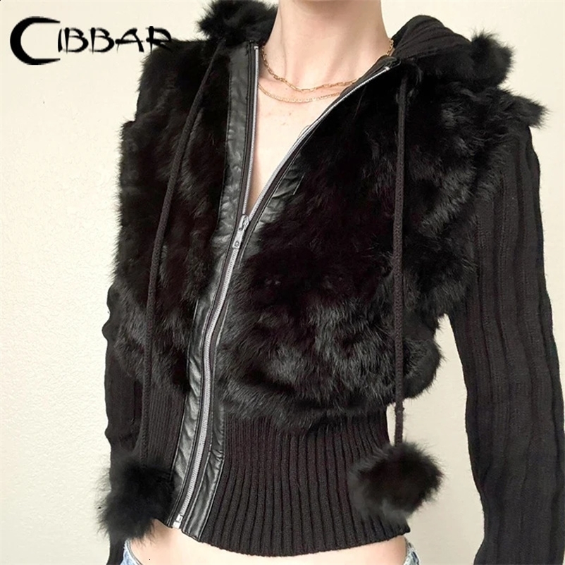 CIBBAR Black Furry Stitching Hoodies Autumn Winter Full Sleeve Zip Up Hooded Sweatshirts for Women y2k Slim-fitting Crop Hoodie250120bj