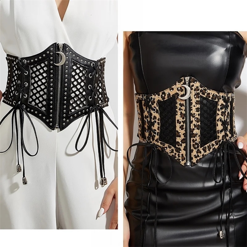 Wide Leopard Print Hollow Corset Belts For Women Black Belt Female s Moon Punk Gothic Cummerbunds Y2K Waistband 250521