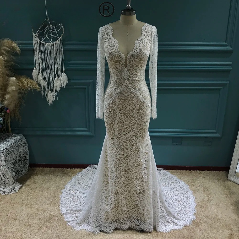New Stretch Full Lace Long Sleeves Mermaid Wedding Dresses Backless Boho Bridal Gowns Sweep Train Custom Made Color/Size