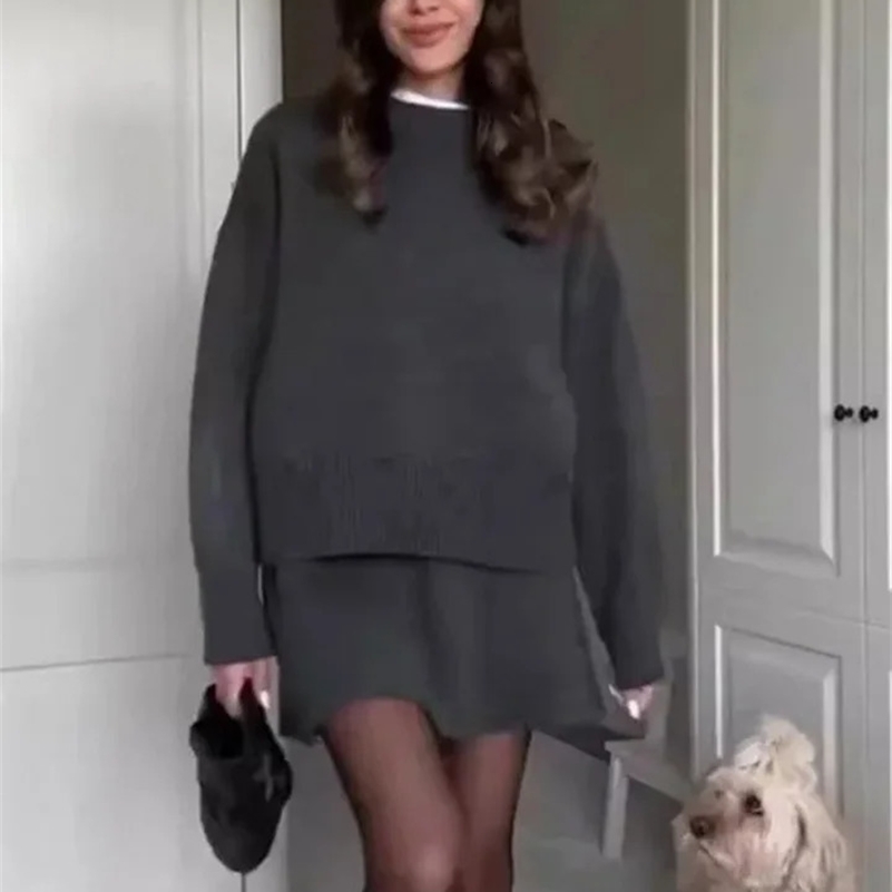Elegant Womens Sets Knitwear Autumn Winter Solid O-neck Pullover Long Sleeve Mini Skirts Set Woman Loose Casual Sweater Lady 241224