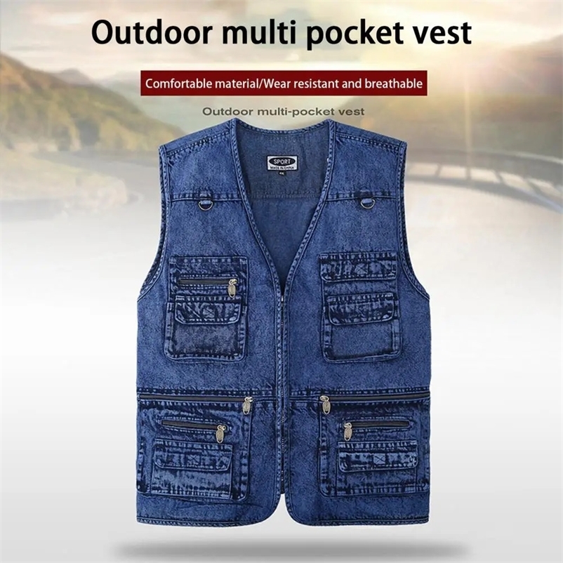 Spring Autumn Men Vest Multiple Pockets Solid Color Streetwear Plus Size Loose V Neck Sleeveless Outerwear Waistcoat for Fishing 240615