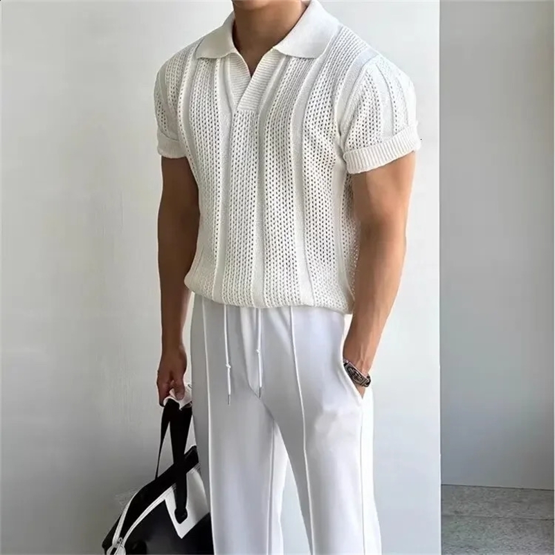 Mens Summer Korean Lightweight Knitted Top Polo Shirt Hollow Mesh Texture Knitted Casual T-shirt Top 250327