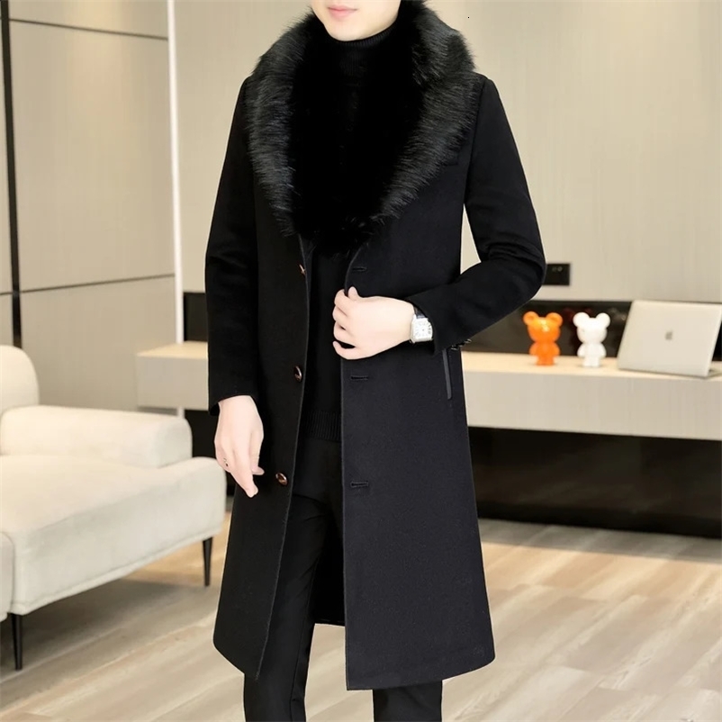 Classic 2024 Winter Mens Solid Woolen Coats Outwear Casual Fur Collar Detachable Long Wool Windbreaker Jackets Thick Top Trench 241223bj