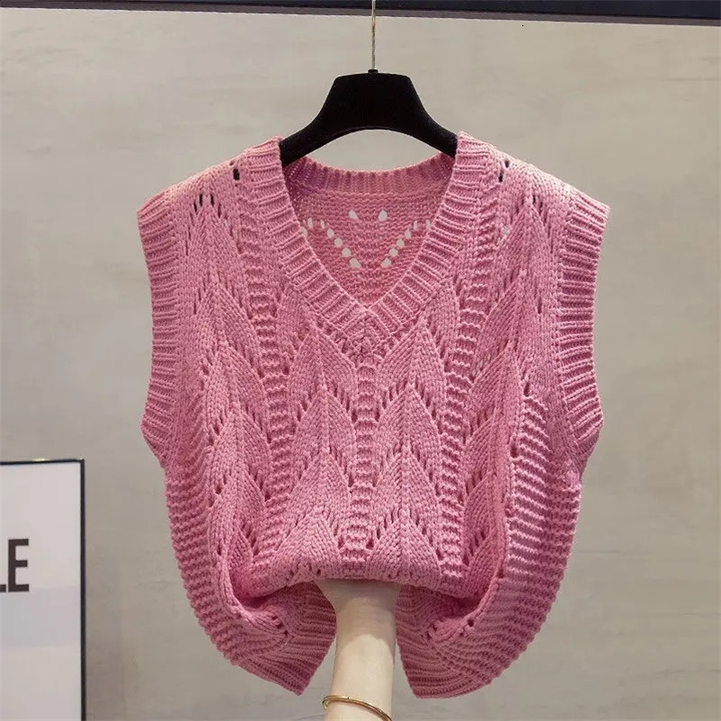 V-neck Openwork Knitted Vest Womens Spring/Summer Autumn/Winter Loose Outerwear Jacket Layered Sweater 241206bj