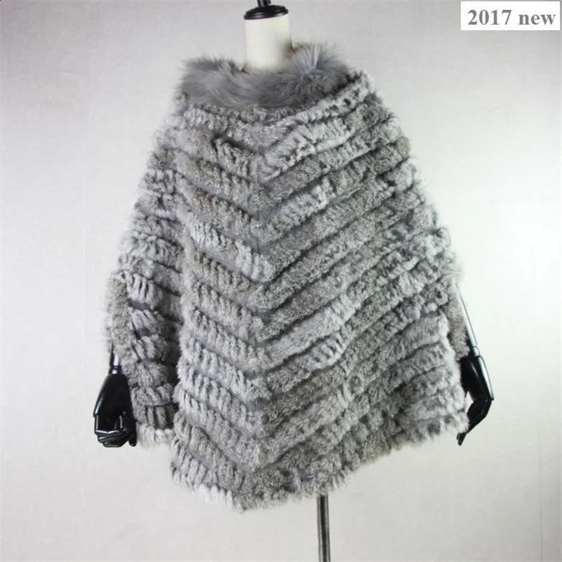 Harpshop Womens Fashion Pullover Knitted Rabbit Fur Raccoon Fur Raincoat Cape Real Fur Knitted Wrap Triangle Shawl Coat 241120bj