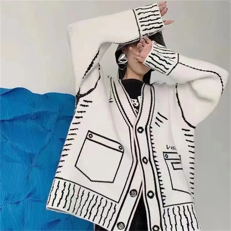 Print Graffiti Cardigan Women Long Sleeve Top Y2K Loose V-neck Sweater Autumn Winter Streetwear Knitted Female Cardigans Coat 250206