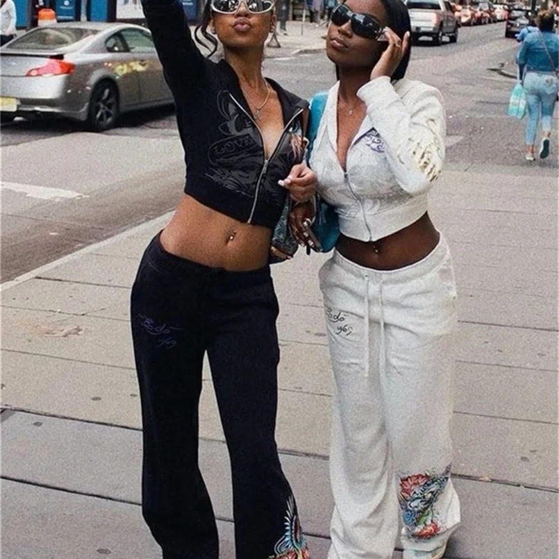 Spring 2 Two Piece Sets Tracksuits Women Long Sleeve Zipper Crop TopBaggy Pants Suits Club White Black Matching Outfits 250322