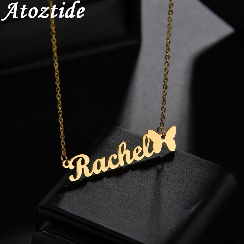 Pendant Necklaces Atoztide Butterfly with Personalized Name Necklaces for Women Nameplate Jewelry Stainless Steel Custom Letter Necklace 230711