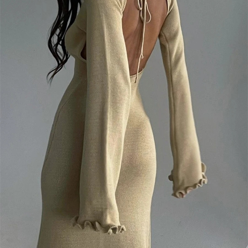 chic and elegant Womens Long Sleeve Knitted Bodycon Dress Tie Backless Round Neck Solid Color Ruffle Trim Long Dress Beachwear 240828