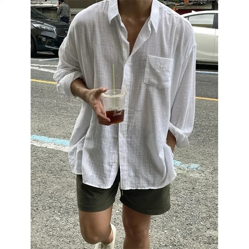 Unisex Oversized Linen Shirt Coat Mens Long Sleeve Casual Loose Fit Fashion Japanese Korean Style Sun Protection Clothing 250318