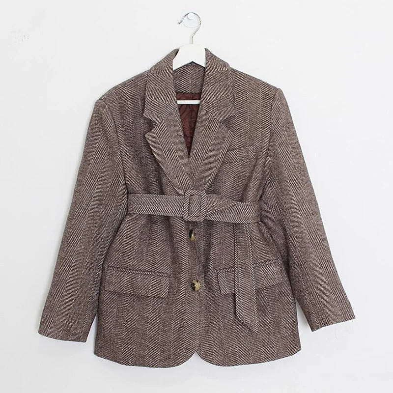 Womens Suit Woolen Coat Fashion Turn Down Collar Herringbone Pattern Jacket Korean Autumn Slim Short Outerwear with Belt 250922