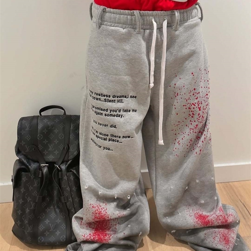 American Gothic Old Inkjet Painted Letter Printing Double Layer Sports Casual Pants Mens Loose Hip-hop Rap Street Trendy Pants 250813