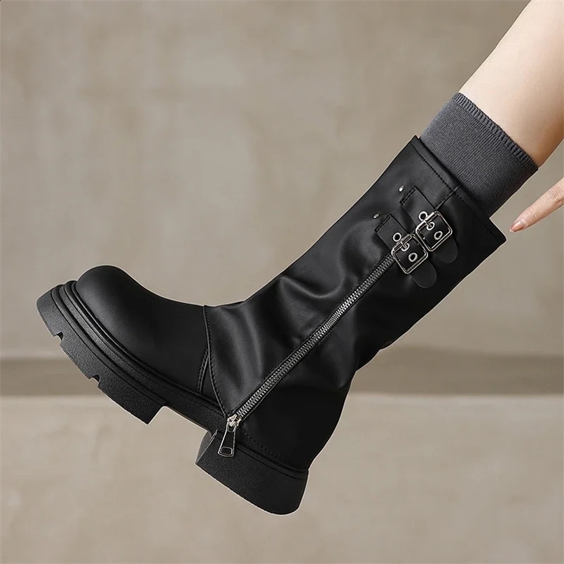 Spring and Autumn Fashion Solid Color Round Toe Buckle Medium Heel Sleeve Zipper Thick Sole Womens Mid-calf Boots 250122