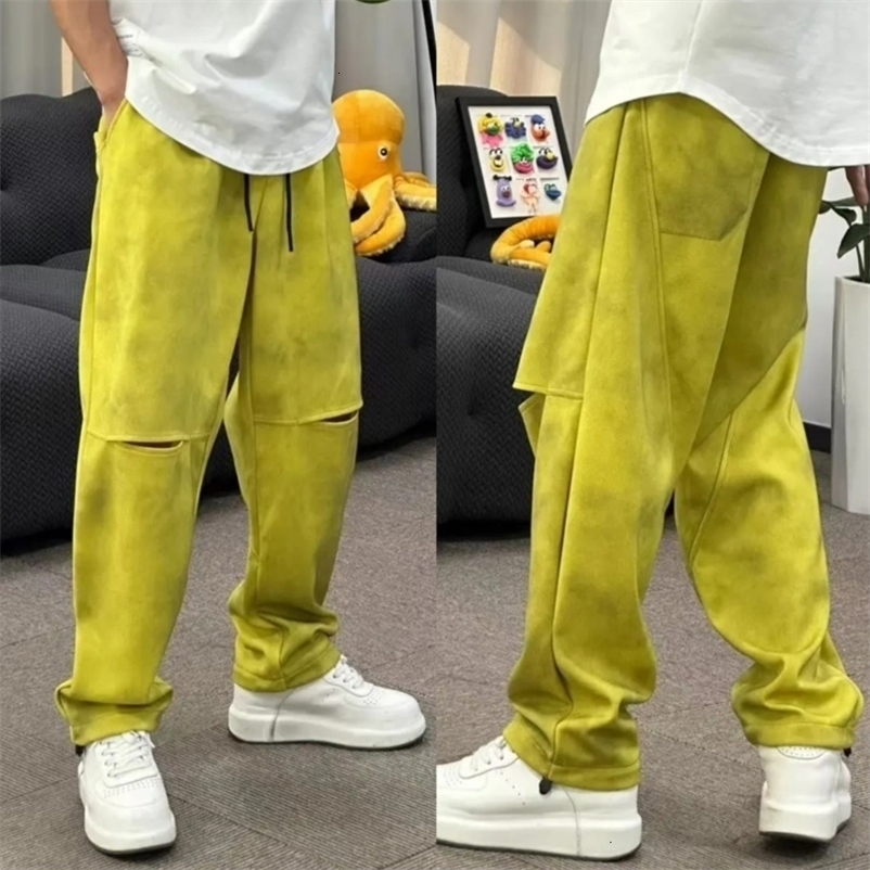Casual solid color loose straight pants 2024 fashionable ice silk pants mens drawstring hollow pocket sports pants 240815bj
