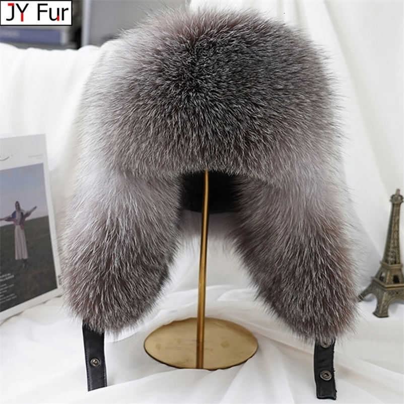 Winter Mens 100% Real Silver Fox Fur Bomber Hat Raccoon Fur Wusanka Hat Catcher Russian Mens Ski Hat Real Leather 241206bj