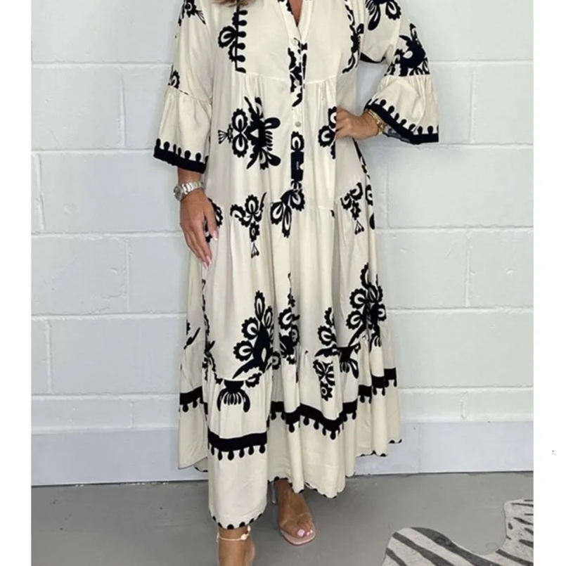 Women Casual Dress Women Casual Dress Womens Printed Loose Ethnic Retro Spring And Autumn V Neck everyday Button A Line Everyday Summer Everyday Sle