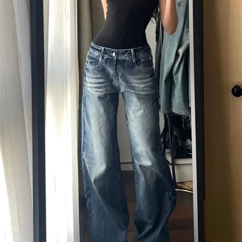 HOUZHOU Y2K retro bagged wide leg womens jeans washed casual high waisted loose denim pants streetwear Korean Flared Trousers 240930
