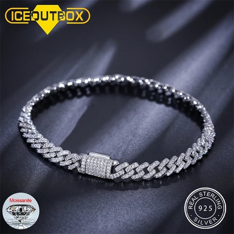 Hip Hop Rock Solid 925 Sterling Silver Created Diamonds Cuban Bracelets For Men Women Fine Jewelry Drop 6MM 240626