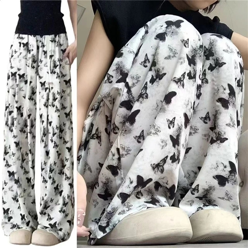 Ink Chinese wide leg pants womens summer thin high waist butterfly casual straight leg tie dye national wind ice silk sunsc 240820