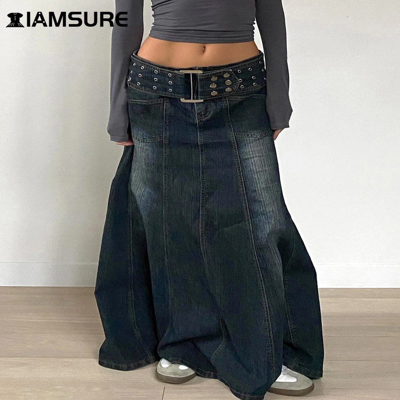 IAMSURE Basic A-Line Denim Skirts With Belt Casual Slim Pockets High Waist Maxi Skirts Women 2025 Spring Autumn Streetwear Lady 250411